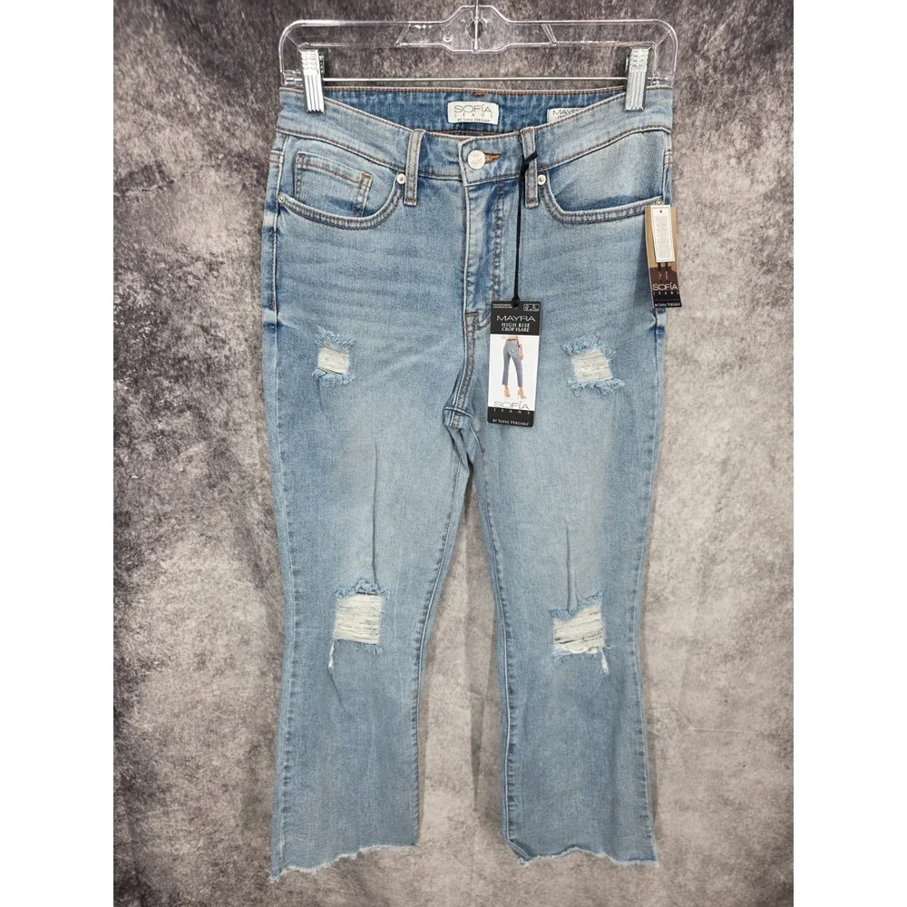 Sofia Jeans Womens 6 Blue High Rise Cropped Flare Denim Raw Hem Distressed New - Picture 1 of 16